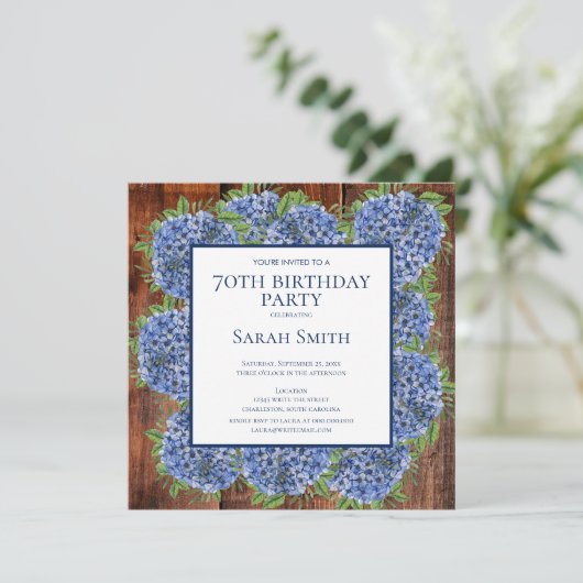 70th Birthday Wood Blue Hydrangeas Rustic Party Kaart (Staand voorkant)