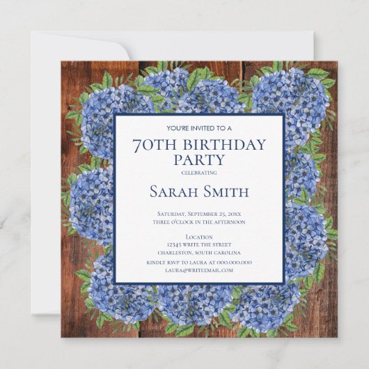 70th Birthday Wood Blue Hydrangeas Rustic Party Kaart (Voorkant)
