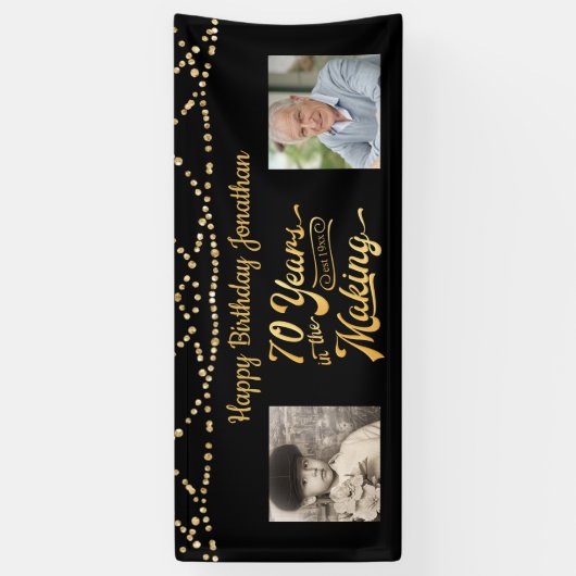 70th Birthday Zwart Goud String Lights Foto's Spandoek (Verticaal)