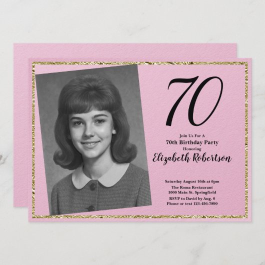 70th Custom Photo Pink and Gold  Kaart (Voorkant / Achterkant)