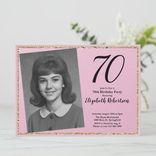 70th Custom Photo Pink and Gold Kaart (Staand voorkant)