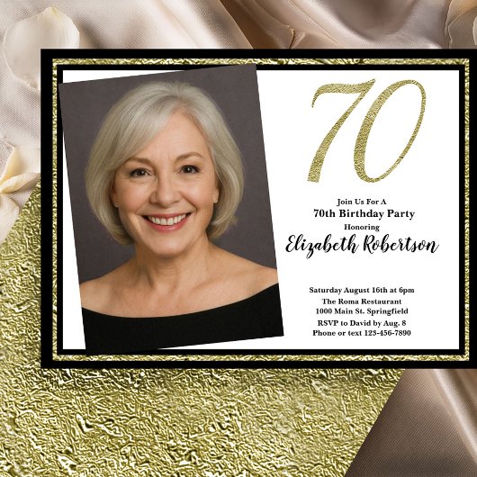 70th Custom Photo White Black and Gold  Kaart