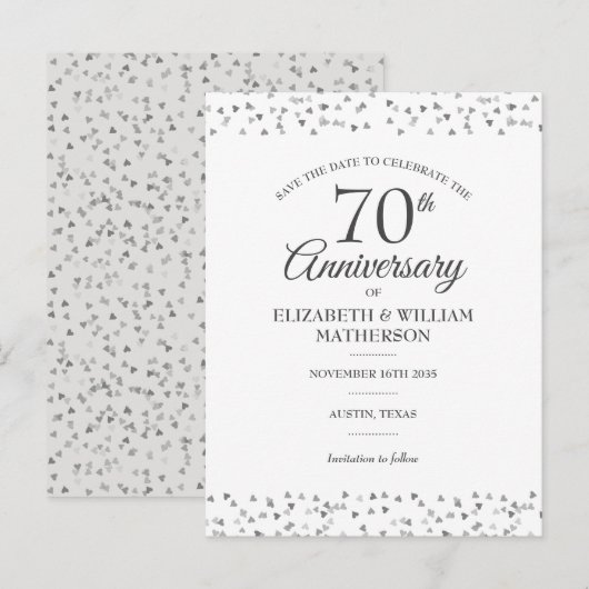 70th Jubileum Hearts Confetti Save the Date Aankondigingskaart (Voorkant / Achterkant)