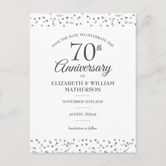 70th Jubileum Hearts Confetti Save the Date Aankondigingskaart (Voorkant)