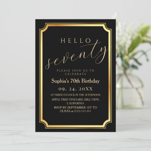 70th Modern & Minimal Black Birthday Party Kaart (Staand voorkant)