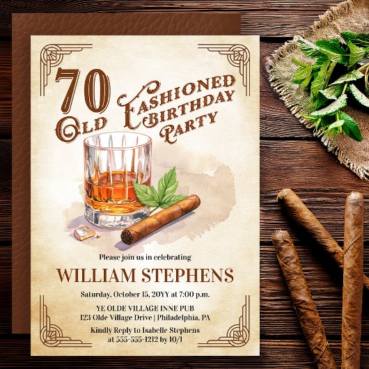 70th Old Fashioned Whiskey Cigar Birthday Party Kaart