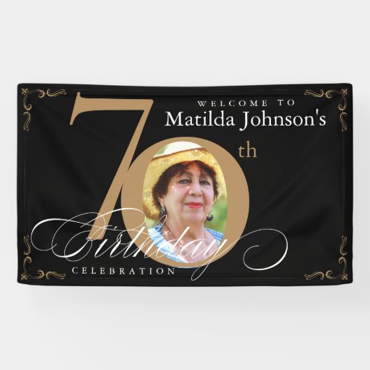 70th Verjaardag Goud Zwart Kalligrafie Aangepaste  Spandoek (Horizontaal)