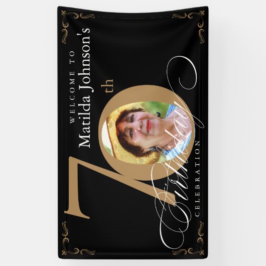 70th Verjaardag Goud Zwart Kalligrafie Aangepaste  Spandoek (Verticaal)
