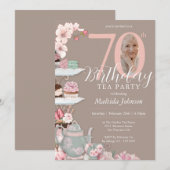 70th Verjaardag Thee Party Roze Bloemen Custom Fot Kaart (Voorkant / Achterkant)