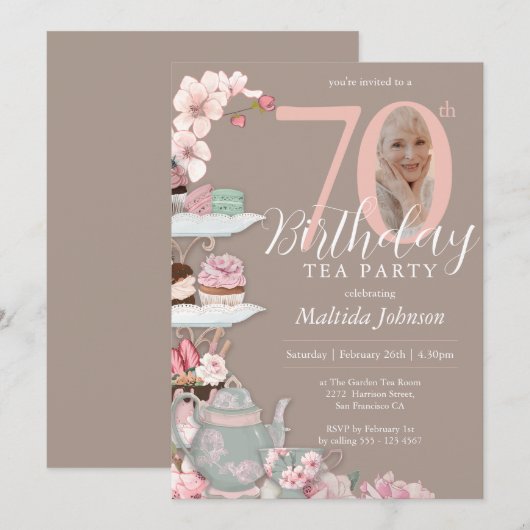 70th Verjaardag Thee Party Roze Bloemen Custom Fot Kaart (Voorkant / Achterkant)