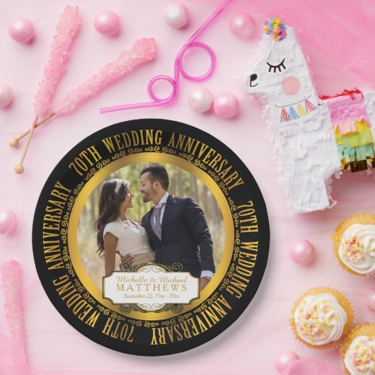 70th Wedding Jubileum Foto zwart | Goudtoon Papieren Bordje (Feest)
