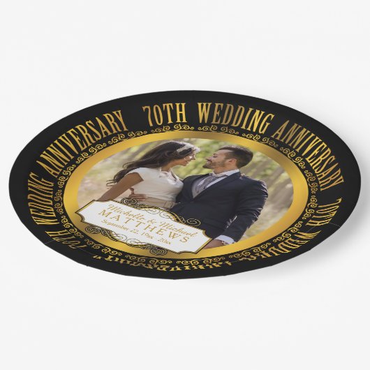 70th Wedding Jubileum Foto zwart | Goudtoon Papieren Bordje (Gekanteld)