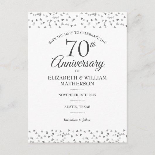 70th Wedding Jubileum Love Hearts Save the Date Briefkaart (Voorkant)