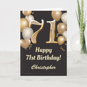 71e Birthday Black en Gold Balloons Confetti Kaart