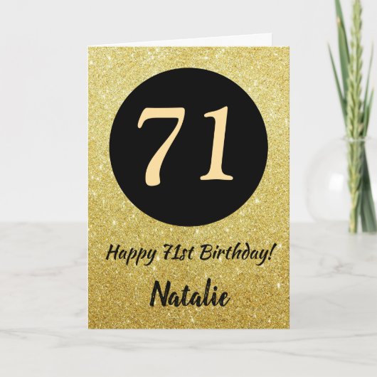 71e Happy Birthday Zwart en Goud Glitter Kaart (Voorkant)