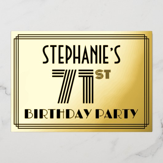 71e verjaardag — Art Deco Style "71" en naam Folie Uitnodiging (Voorkant)