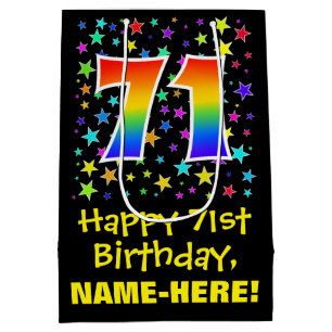 71e verjaardag: Colorful Stars Pattern & Rainbow 7 Medium Cadeauzakje