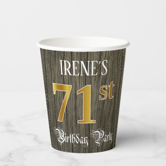 71e verjaardag — Faux Gold & Faux Wood Papieren Bekers (Achterkant)