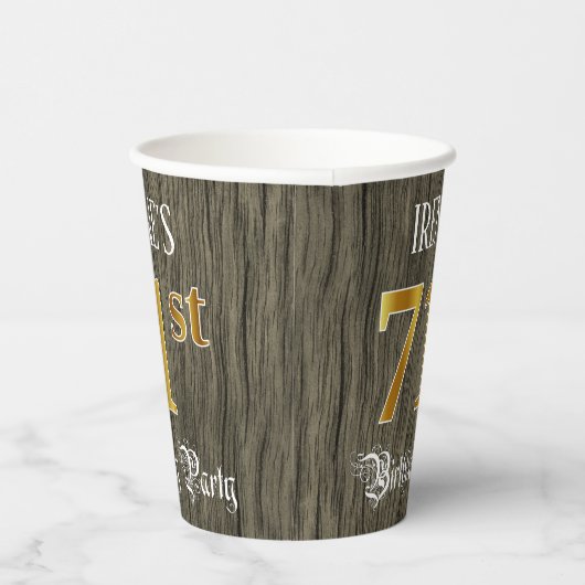 71e verjaardag — Faux Gold & Faux Wood Papieren Bekers (Rechts)