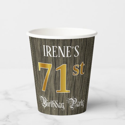 71e verjaardag — Faux Gold & Faux Wood Papieren Bekers (Voorkant)