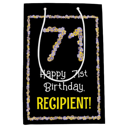 71e verjaardag: Floral Flowers Number, Custom Name Medium Cadeauzakje (Voorkant)