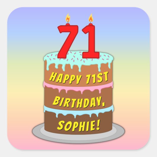 71e verjaardag: Fun Cake and Candles + Custom Name Vierkante Sticker (Voorkant)