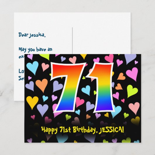 71e verjaardag: Fun Hearts-patroon, Regenboog 71 Briefkaart (Voorkant / Achterkant)