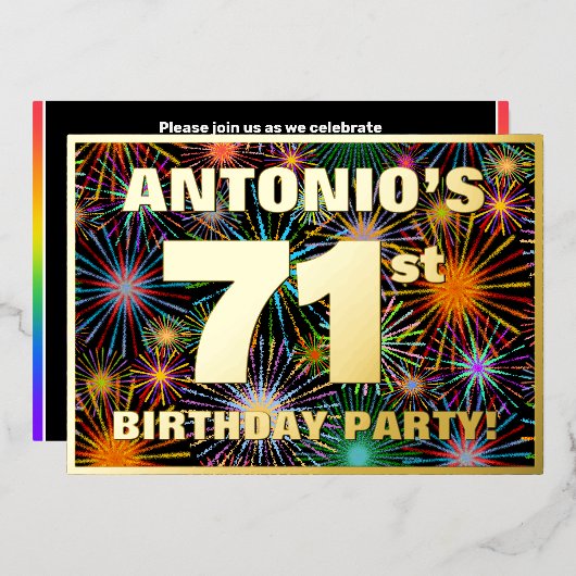 71e verjaardag: Fun, kleurrijke Fireworks look Folie Uitnodiging (Voorkant / Achterkant)