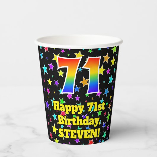 71e verjaardag: Fun Stars Pattern en Rainbow 71 Papieren Bekers (Achterkant)