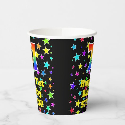 71e verjaardag: Fun Stars Pattern en Rainbow 71 Papieren Bekers (Links)