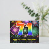 71e verjaardag – leuk vuurwerkpatroon + regenboog briefkaart (Staand voorkant)