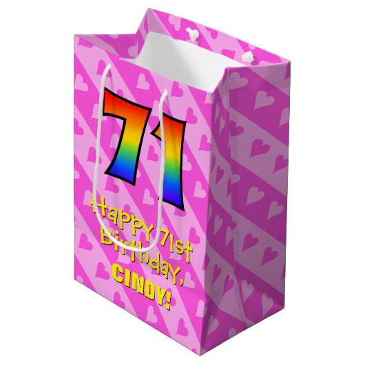71e verjaardag: Leuke roze harten strepen; Regenbo Medium Cadeauzakje (Voorkant Gekanteld)