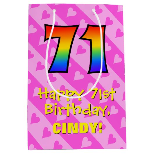71e verjaardag: Leuke roze harten strepen; Regenbo Medium Cadeauzakje (Voorkant)