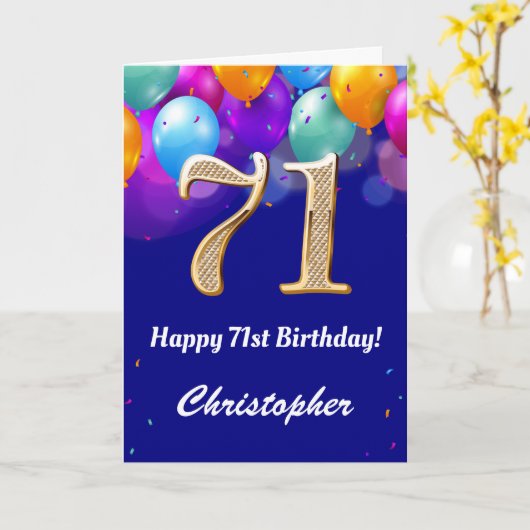 71e verjaardag marinenblauw en goudkleurige ballon kaart (Gele Bloem)