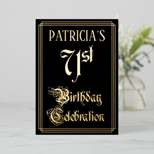71e verjaardag Partij — Fancy Manuscript & de Naam Folie Uitnodiging (Staand Voorkant)