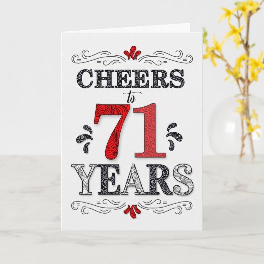 71e verjaardag Proost in rood wit zwart patroon Kaart (Gele Bloem)