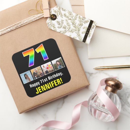 71e verjaardag: Regenboog "71"; Aangepaste foto's  Vierkante Sticker (Geschenken)