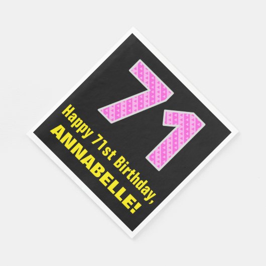 71e verjaardag: roze strepen en harten "71" + naam servet (Hoek)