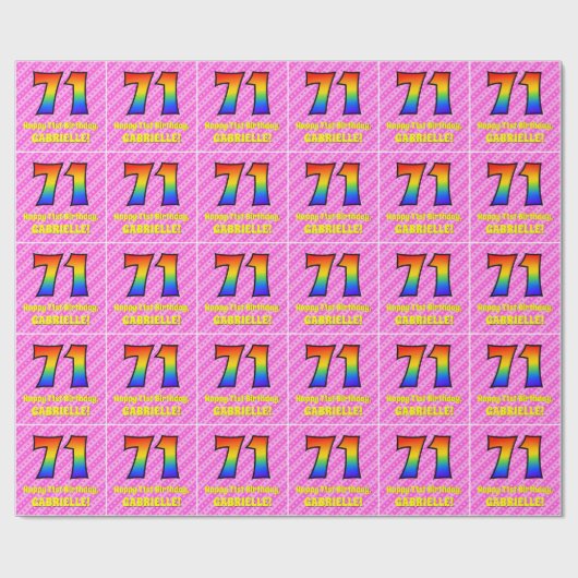 71e verjaardag: Roze strips & harten, regenboognr. Cadeaupapier (Vlak)