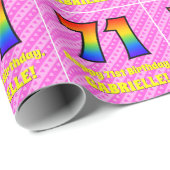 71e verjaardag: Roze strips & harten, regenboognr. Cadeaupapier (Rol Hoek)