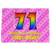 71e verjaardag: Roze strips & harten, regenboognr. Groot Cadeauzakje (Voorkant)