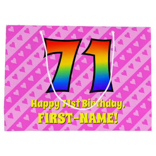 71e verjaardag: Roze strips & harten, regenboognr. Groot Cadeauzakje (Achterkant)