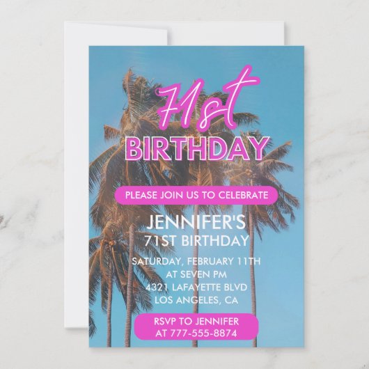 71e verjaardag uitnodiging Zomer Roze Palm boom (Voorkant)