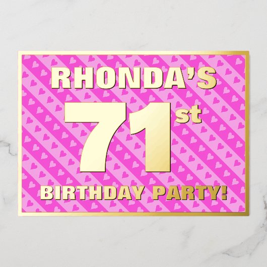 71e verjaardag van de vuurroze harten en staven folie uitnodiging (Voorkant)