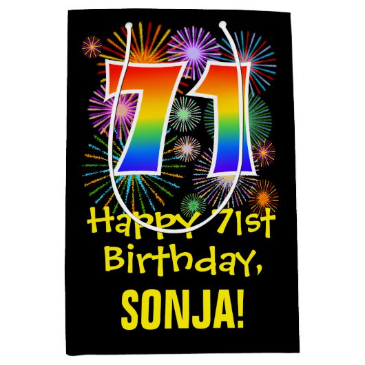 71e verjaardag: Vuurwerk Fun Pattern + Regenboog 7 Medium Cadeauzakje (Voorkant)