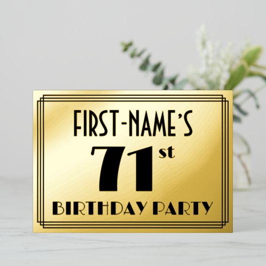 71e Verjaardagsfeest — Art Deco Uiterlijk “71” + N Folie Uitnodiging (Staand Voorkant)