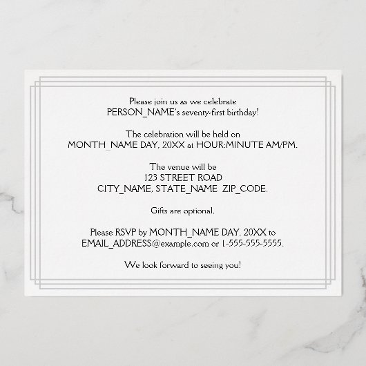 71e Verjaardagsfeest — Art Deco Uiterlijk “71” + N Folie Uitnodiging (Achterkant)