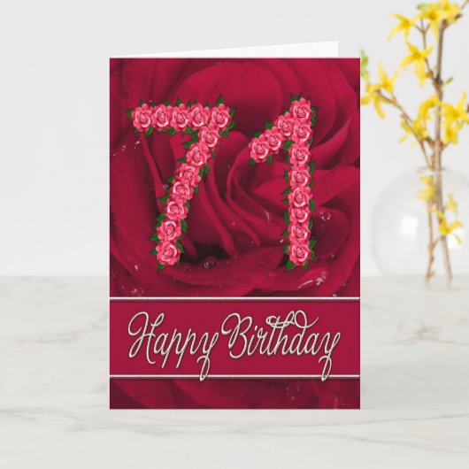 71e verjaardagskaart met rozen en bladeren kaart (Gele Bloem)