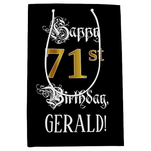 71st verjaardag ~ Fancy script; Faux Gold look; na Medium Cadeauzakje (Voorkant)