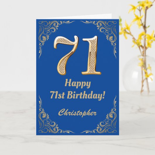 71ste Birthday Blue en Gold Glitter Lijst Kaart (Gele Bloem)